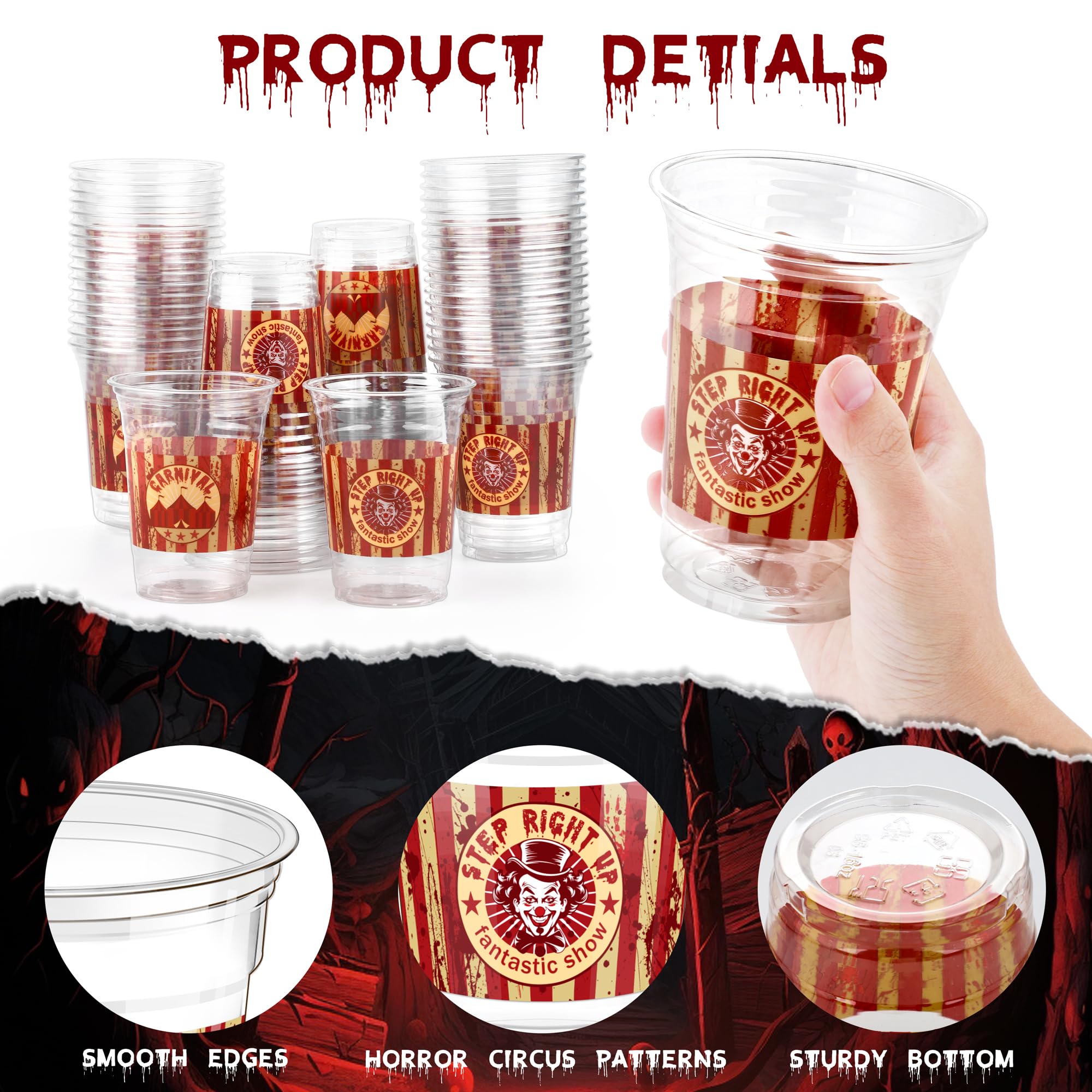 TURSTIN 60 Pieces Halloween Horror Circus Party Cups 16 oz Disposable Plastic Cups Creepy Carnival Party Decorations Horror Clown Cups for Circus Themed Party Halloween Party Supplies