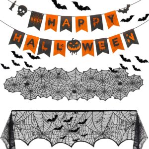 halloween decorations indoor set fireplace mantel scarf cover black lace spiderweb table runner for kitchen halloween banner with 3d bat for halloween party decorations indoor