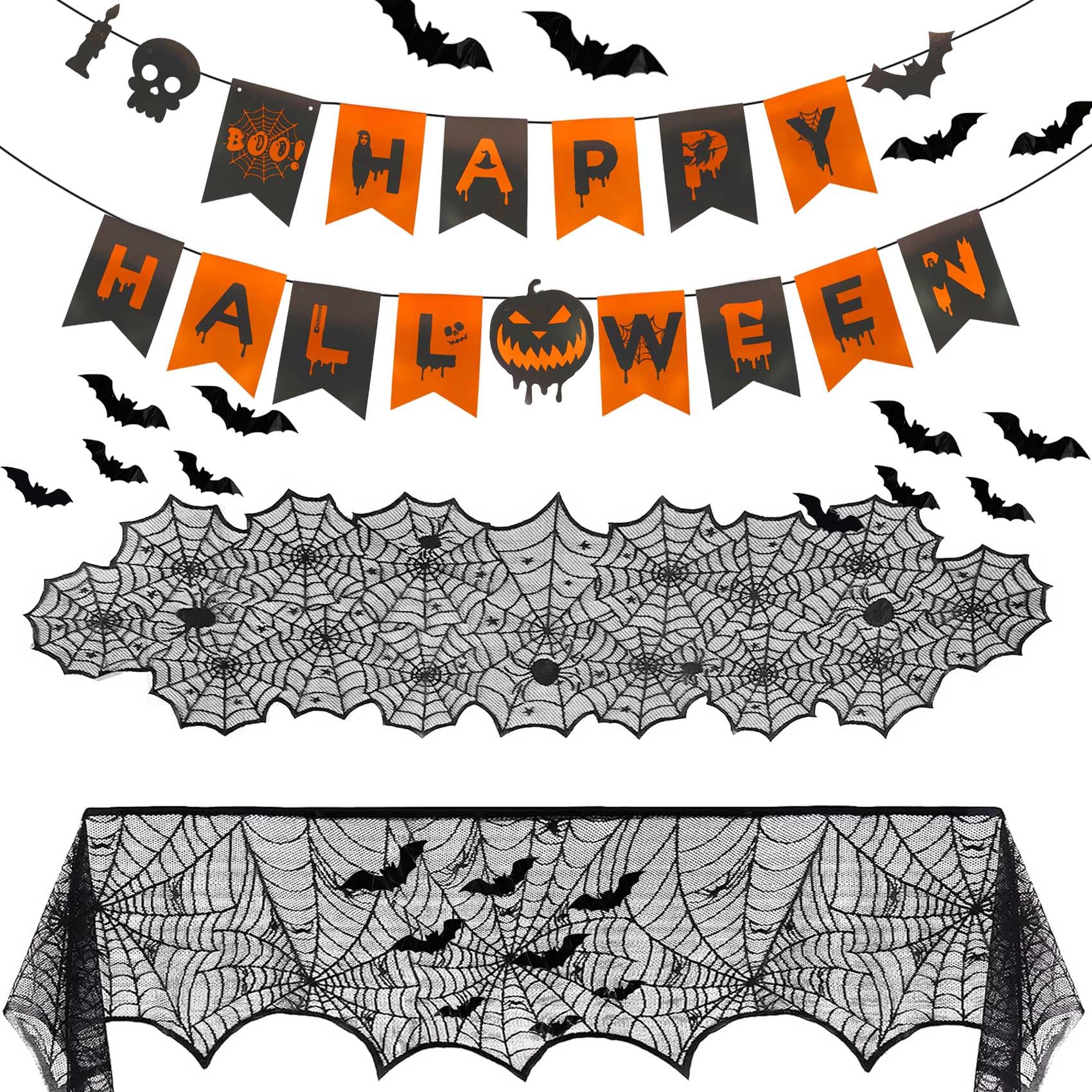 Halloween Decorations Indoor Set Fireplace Mantel Scarf Cover Black Lace Spiderweb Table Runner for Kitchen Halloween Banner with 3D Bat for Halloween Party Decorations Indoor