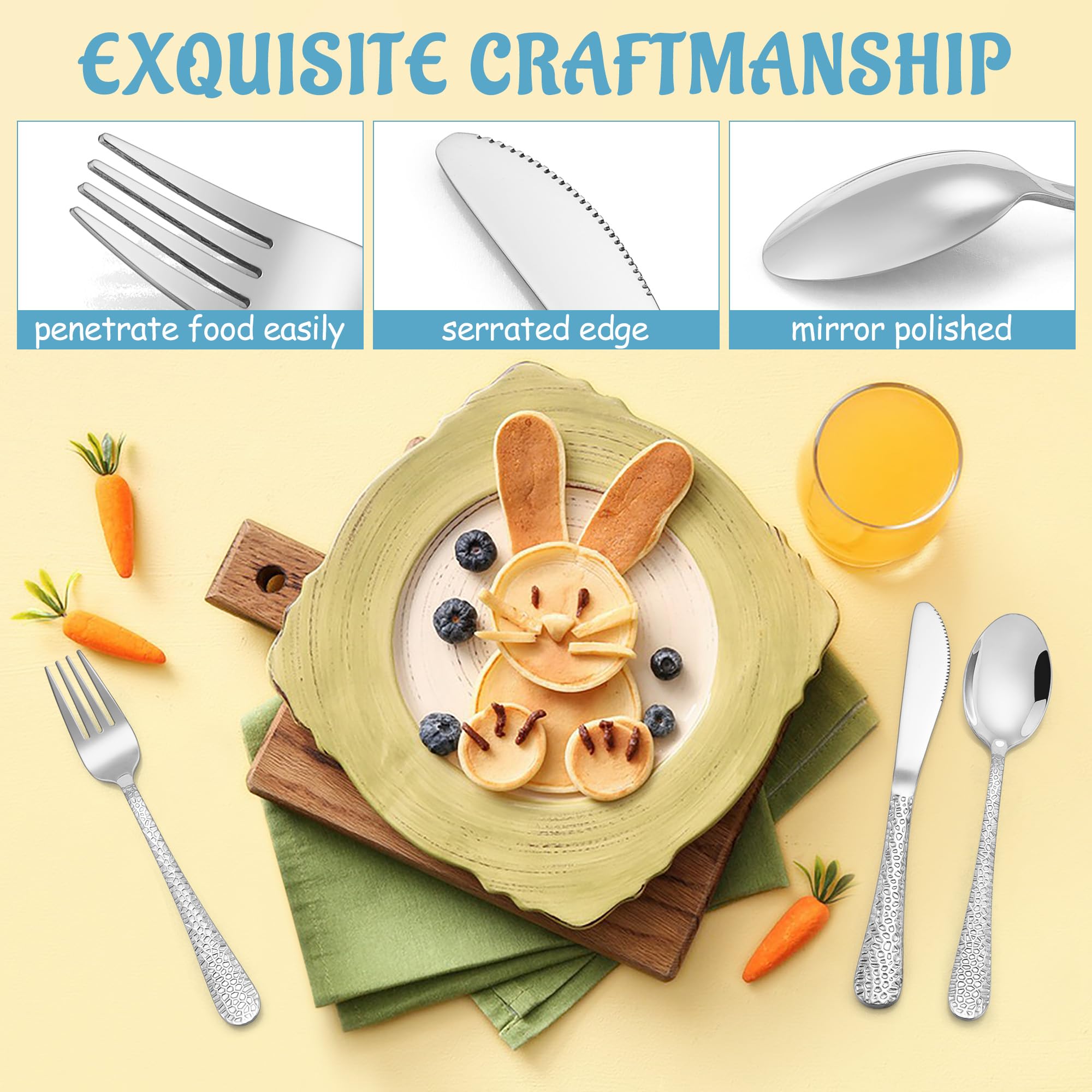 E-far 12-Piece Toddler Silverware, Stainless Steel Kids Preschooler Utensils with Adult Look, Hammered Flatware Includes 4 Forks 4 Spoons 4 Knives, Safe for Self Feeding, Non-Toxic & Dishwasher Safe