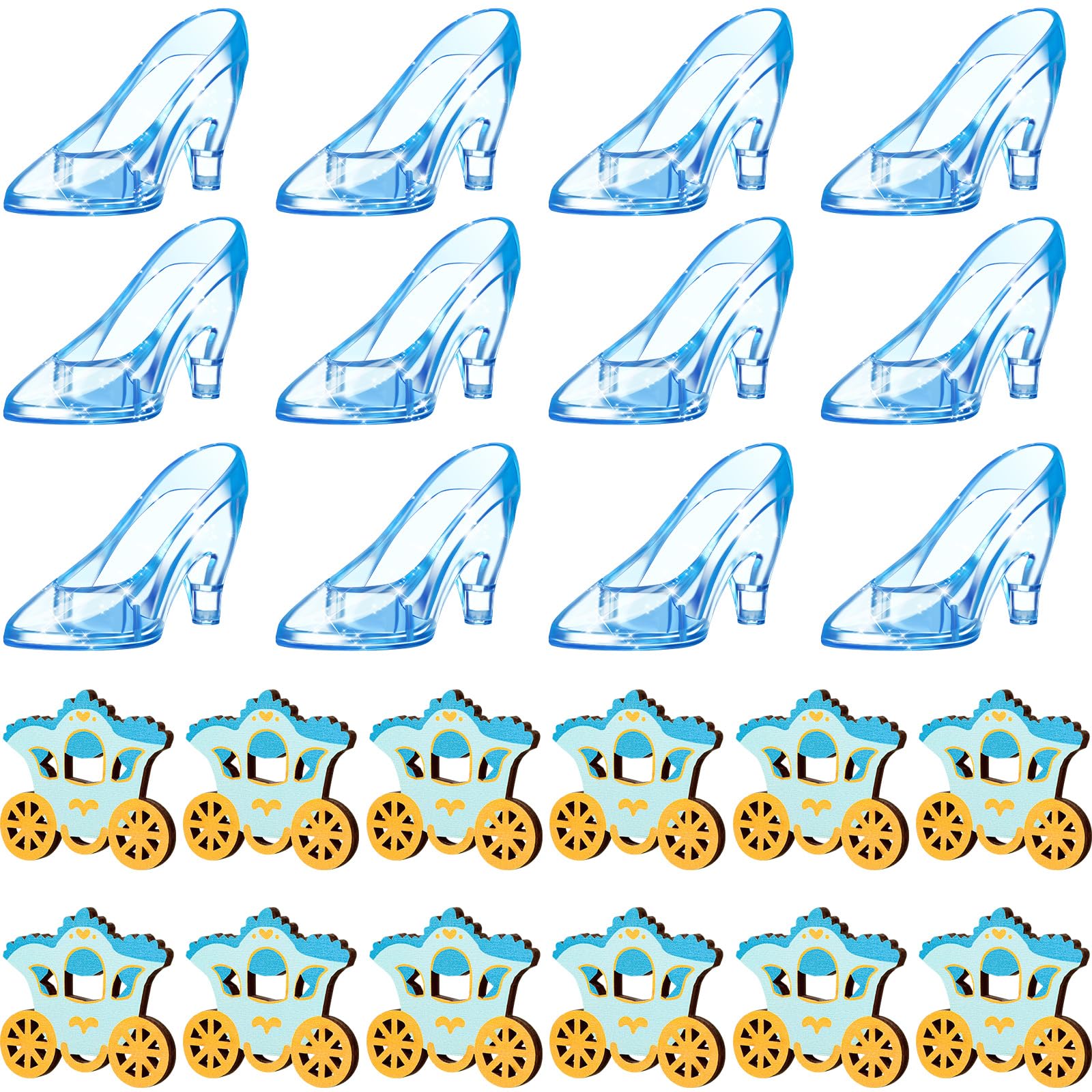 Yuntau 24 Pcs Blue Princess Party Decoration Mini Plastic Glass Slipper Princess Carriage Centerpiece 3.8 Inch Princess Glass Heel for Baby Shower Wedding Birthday Party Supplies Table Decor