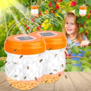 wasp traps outdoor hanging, yellow jacket wasp catcher for trapping hornet, non-toxic reusable wasp catcher for outdoors trapping wasp, wasp trap solar power outdoor with led light,2p-orange