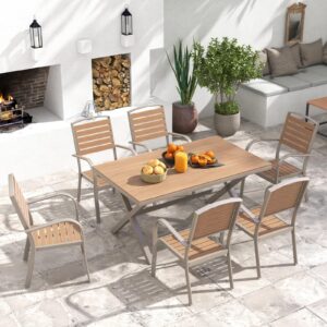 sunsitt 7 piece outdoor dining set for 6, aluminum patio dining furniture set with 59” rectangle dining table & 6 stackable patio chairs, outdoor table and chairs w/faux wood grain, teak wood color