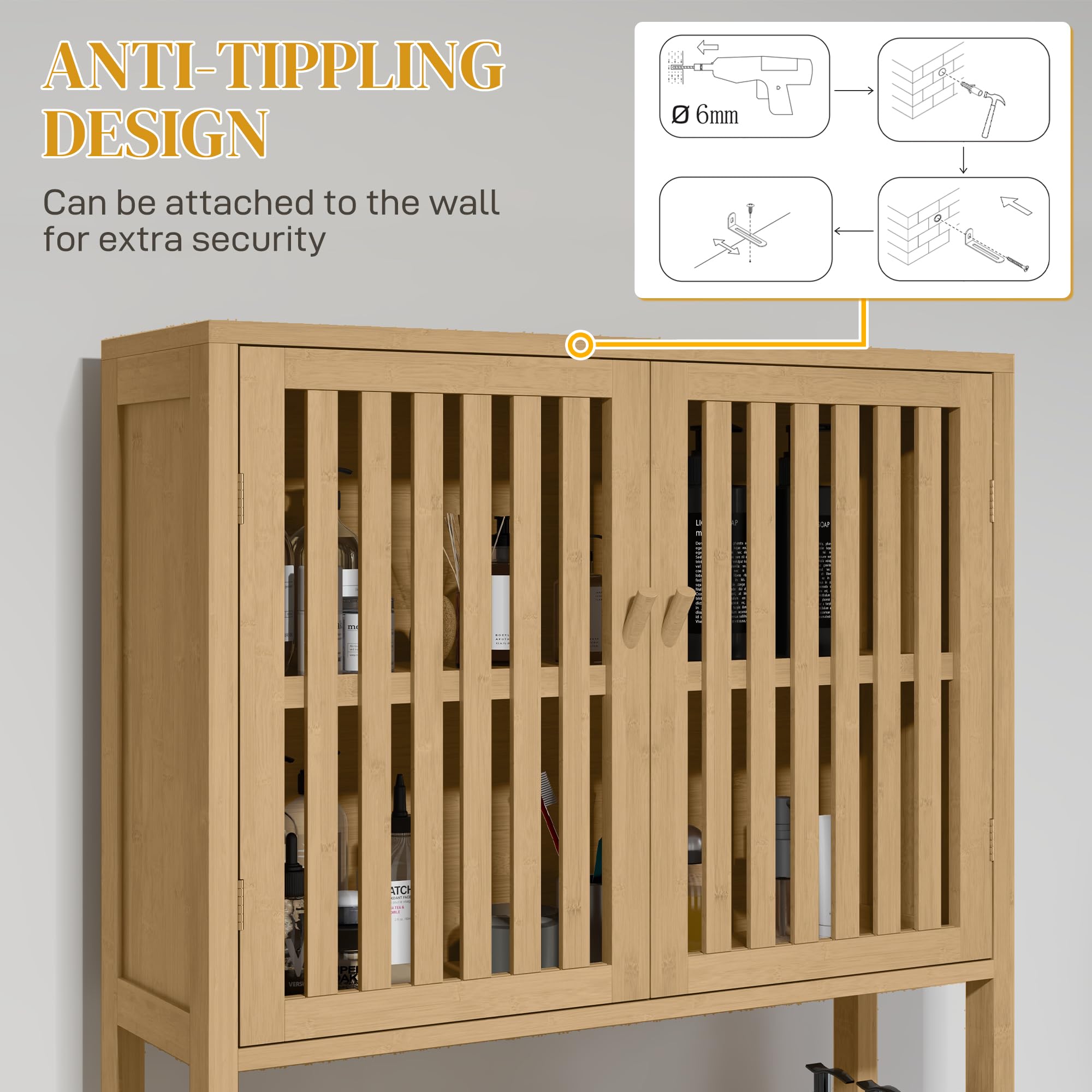 HOMCOM Bamboo Over The Toilet Storage Cabinet, Over Toilet Bathroom Organizer with Slatted Doors, Adjustable Shelf and Open Shelf, Natural