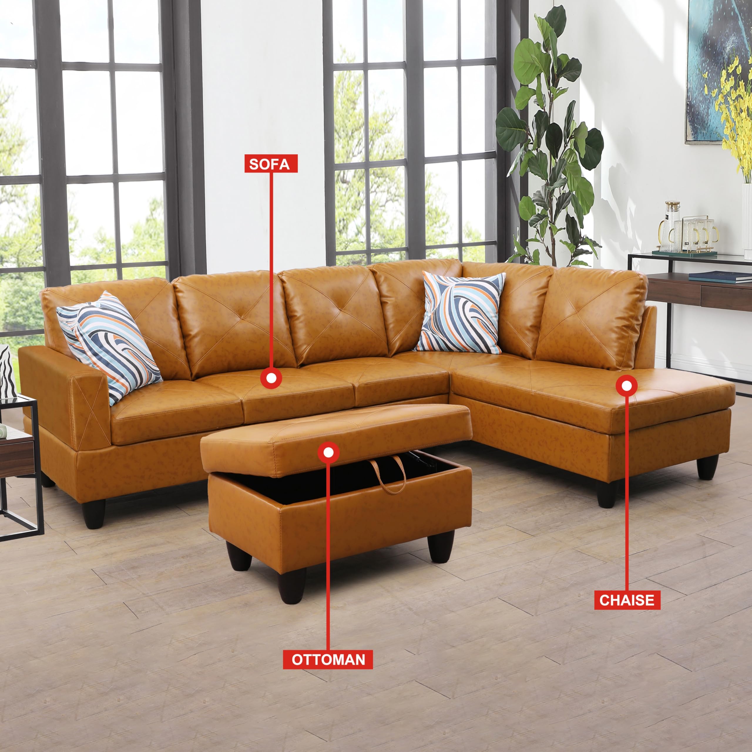 Dyncan 3-Piece L-Shaped Sectional Couches with 66.5'' Chaise Lounge & Storage Ottoman, 97'' Faux Leather Modular Living Room Sofas for Home Office Apartment, Large Living Furniture Right (Ginger)