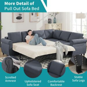 Plococo Sleeper Sofa with Queen Mattress, 2 in 1 Pull Out Couch Bed,6 Seater Sofa Bed, L Shaped Sleeper Sectional Sofa Couch,Riveted Sofa,104'' Large Combined Sofa in Living Room (Gray)