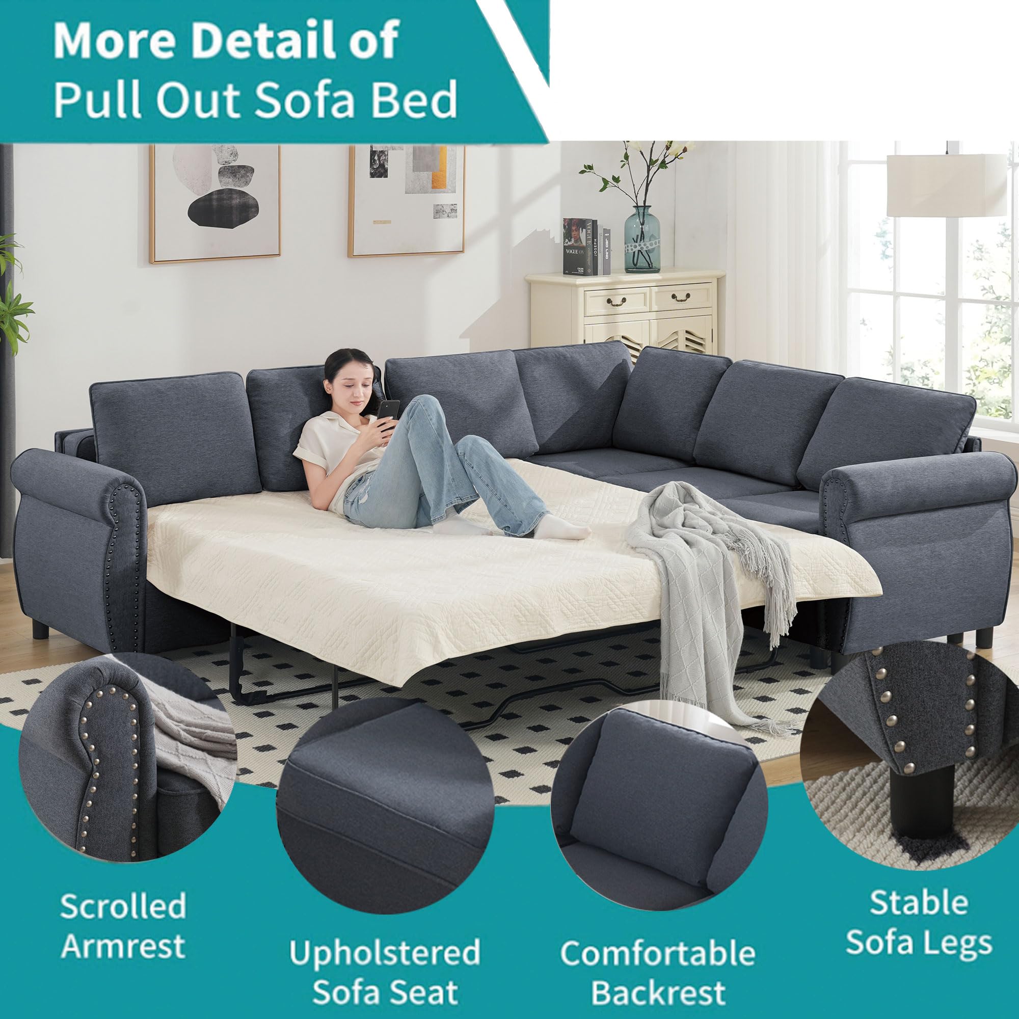 Plococo Sleeper Sofa with Queen Mattress, 2 in 1 Pull Out Couch Bed,6 Seater Sofa Bed, L Shaped Sleeper Sectional Sofa Couch,Riveted Sofa,104'' Large Combined Sofa in Living Room (Gray)