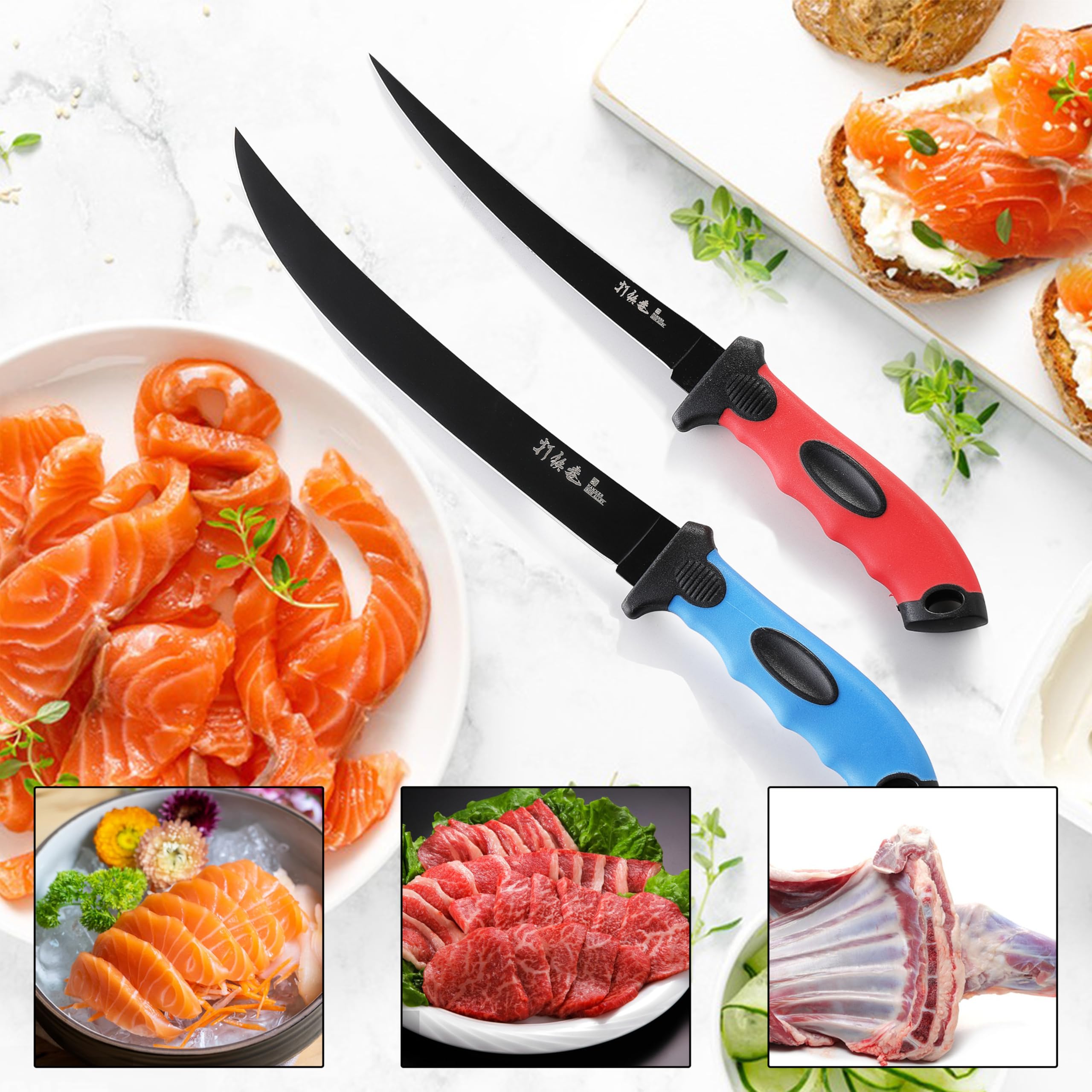 2PCS Fillet Knife for Fish, HIA Professional 9 inch Fillet knife and 7 inch Fish Fillet Knife, Premium Stainless Steel Fishing Boning Knife for Meat Cutting Trimming, Knife Sheath Included