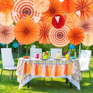 Orange Birthday Decorations Fall Party Decoration 28pcs Autumn Boho Friendsgiving Thanksgiving Harvest Party Banner, Streamers Tassel Garland, Tissue Pom Poms, Paper Fans, Bridal Shower Groovy Decor