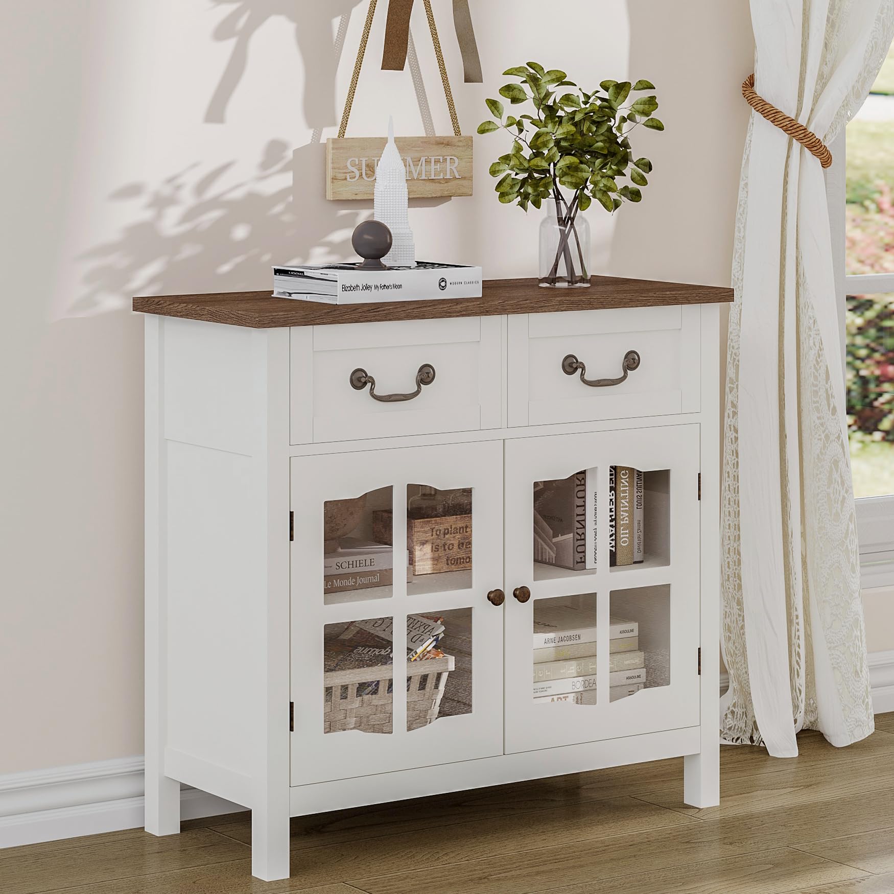 ChooChoo Farmhouse Sideboard Buffet Cabinet with Storage, Coffee Bar Cabinet with Glass Doors, Entryway Cabinet for Kitchen, Living Room, White