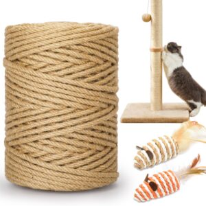 hezzluv 262ft/80m cat scratching sisal rope, 6mm thick natural jute rope for scratch posts, cat trees, diy projects, sisal rope for cat scratcher with 2 cat mouse toys (262ft)