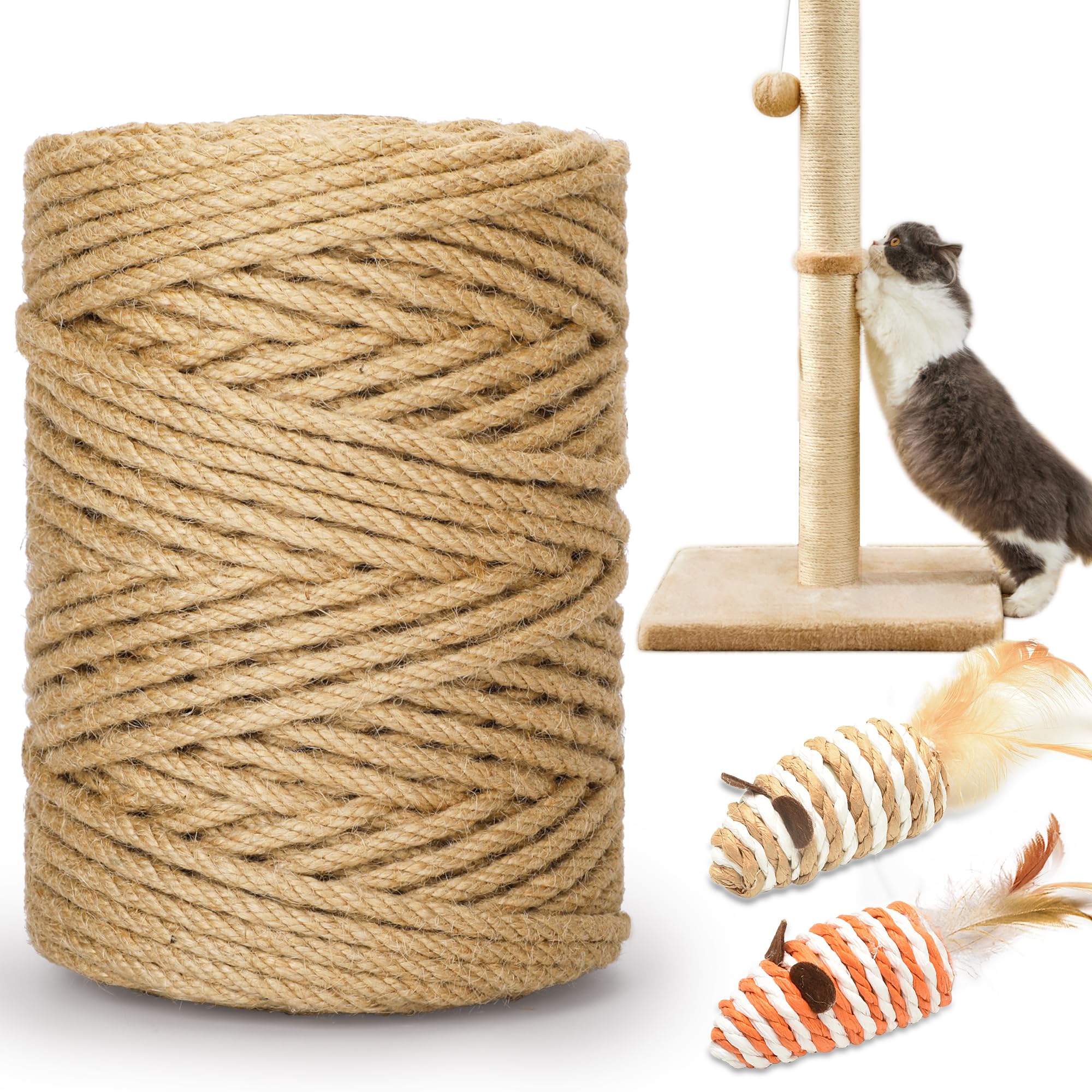 HezzLuv 262FT/80M Cat Scratching Sisal Rope, 6mm Thick Natural Jute Rope for Scratch Posts, Cat Trees, DIY Projects, Sisal Rope for Cat Scratcher with 2 Cat Mouse Toys (262ft)