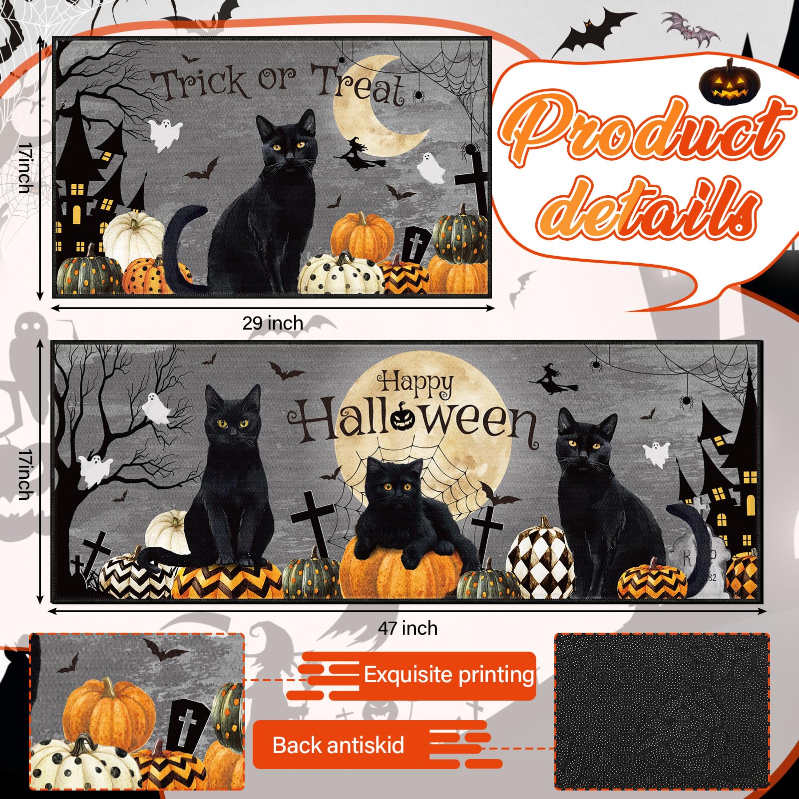 Duraaamo Set of 2 Halloween Cat Kitchen Mats Pumpkin Black Cat Kitchen Mats Trick or Treat Happy Halloween Mats and Rugs for Kitchen Home Decor Halloween Decorations and Accessories