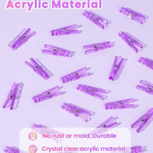 60PCS Purple Clothes Pins for Baby Shower Games Girl, Transparent Acrylic Clothes Pin Bulk, 1.4'' Mini Clothespins for Photos, DIY Crafts, Baby Shower Game Prop/Party Favors/Decorations