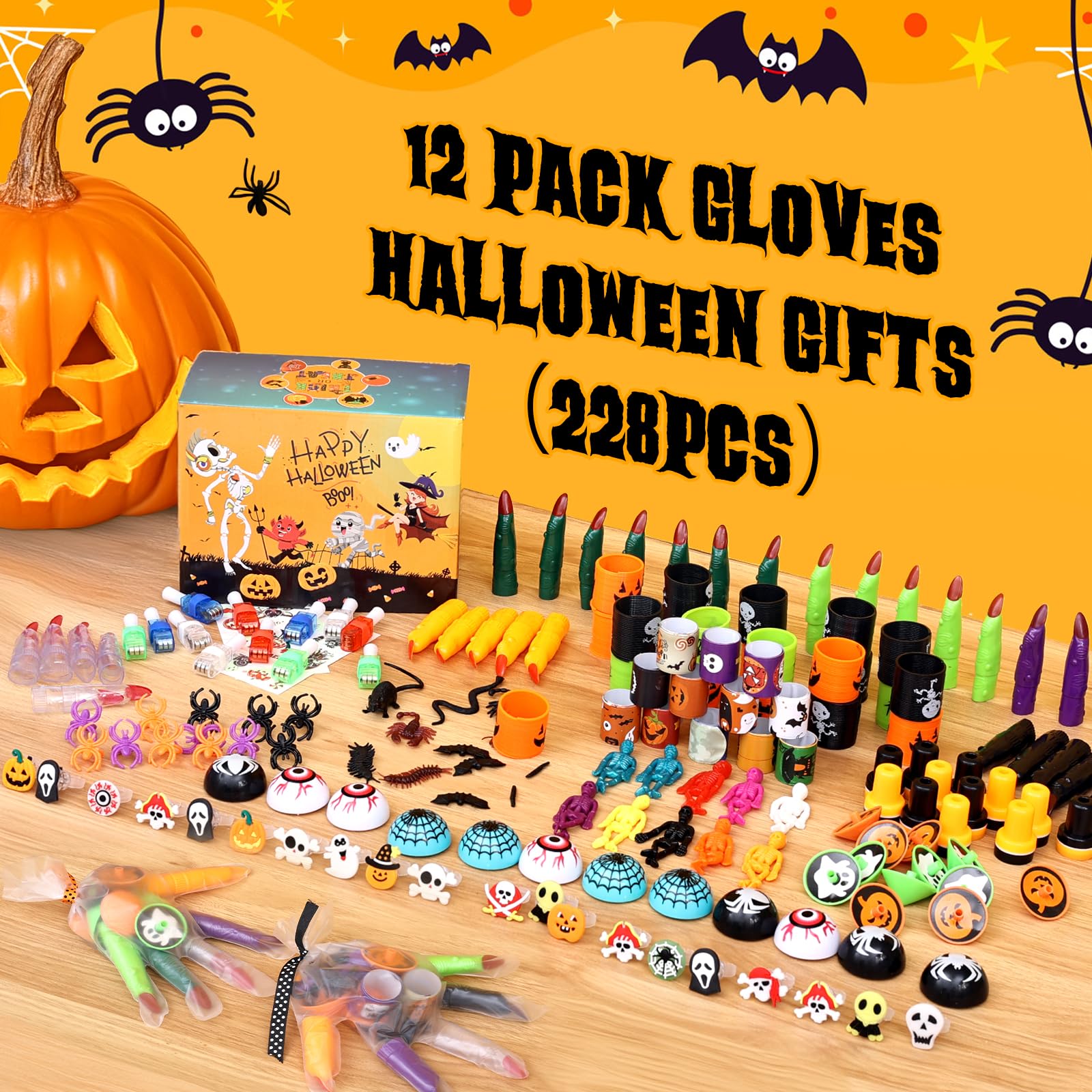 NatuBeau 228 Pcs Halloween Party Favors for Kids, Non-Candy Halloween Treat Bag Fillers, 12 Pack Gloves Trick or Treat Toys in Bulk, Halloween Gifts for Classroom Prizes Halloween Party