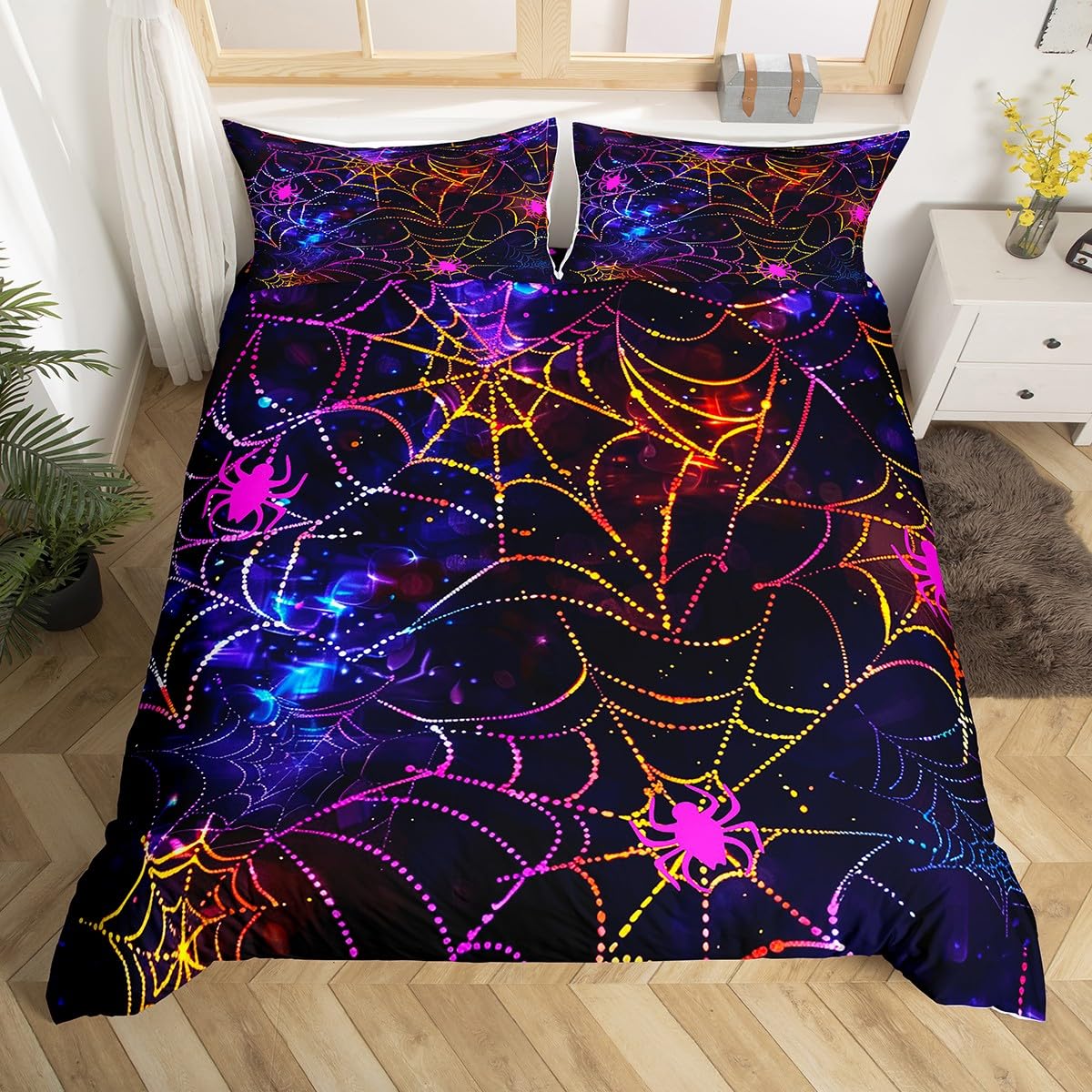 Spider Twin Size Duvet Cover,Glitter Spider Web Halloween Mystic Duvet Cover for Kids Teens All Season,Neon Blue Purple Starry Galaxy Bedding Set,Purple Blue Black Room Decor,No Comforter