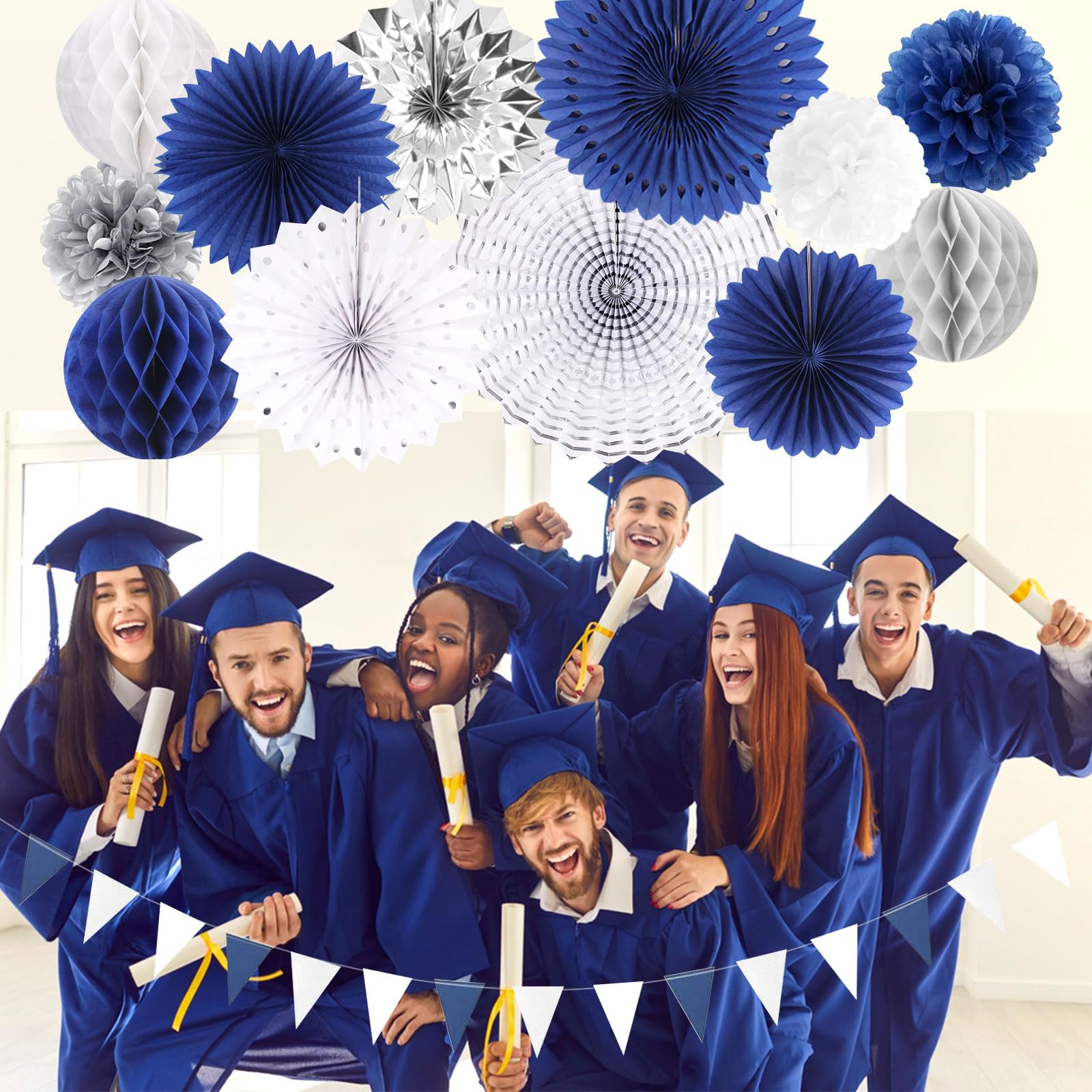 Navy Blue White Silver Party Decorations,28pcs Kit Graduation 2024 Tissue Paper Pom Poms Streamers,Tassel Garland Banner Flowers,Men Birthday Bachelorette Baby Shower Christmas Decor Lasting Surprise