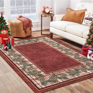 RUGSREAL Christmas Area Rug 8x10 Non Slip Washable Rug Pine Cones Area Rug Low Pile Ultra Thin Indoor Throw Carpet Rug for Laundry Dining Room, Red