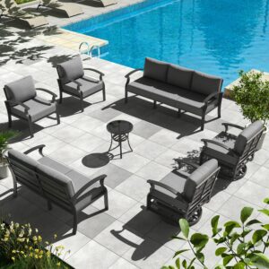 RTDTD Aluminum Patio Furniture Set, 9 Seats Outdoor Patio Conversation Set with Swivel Chair Modern Metal Patio Sectional Sofa with Upgrade Cushions for Patio, Backyard Grey