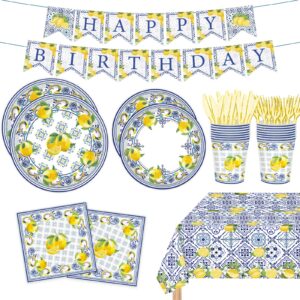 122pcs capri lemon party supplies for baby showe bridal shower wedding summer citrus fruit themed birthday decor italy yellow lemon tablecloth banner tableware set plates napkins forks for 20 guests