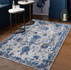 arenarug boho 3x5 area rug machine washable for living room bedroom blue grey vintage floral non-slip stain resistant soft floor carpet indoor for kitchen dining room office home decor low-pile