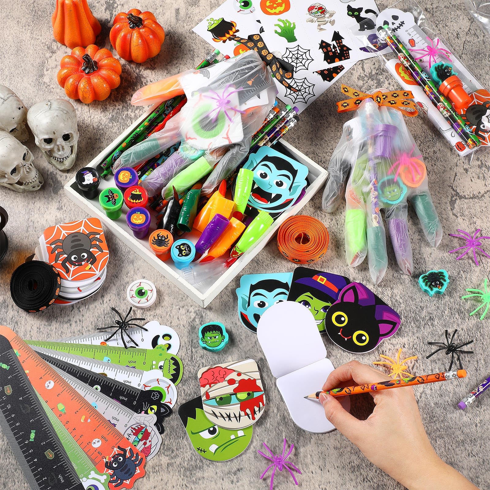 Chrisfall 242 Pcs Halloween Trick or Treat Party Favors Halloween Stationery Set Trick or Treat Gifts Bulk Halloween Goody Bag Fillers Stuffers for Classroom Prizes Trick or Treat Party Supplies