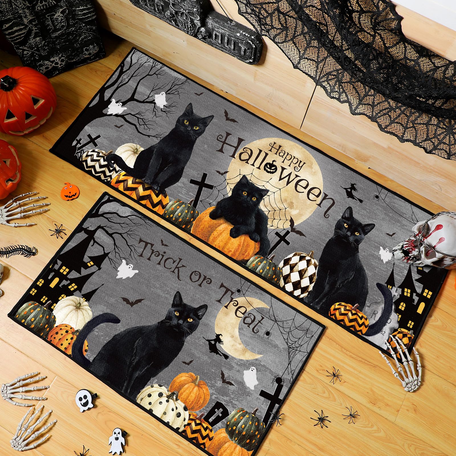 Duraaamo Set of 2 Halloween Cat Kitchen Mats Pumpkin Black Cat Kitchen Mats Trick or Treat Happy Halloween Mats and Rugs for Kitchen Home Decor Halloween Decorations and Accessories