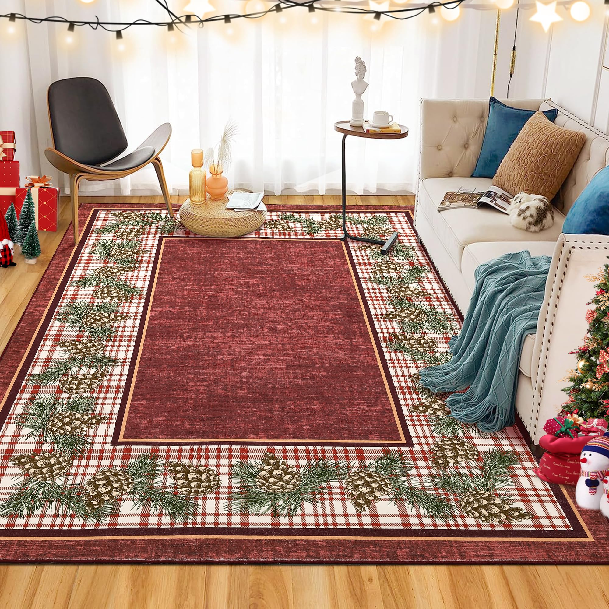 RUGSREAL Christmas Area Rug 8x10 Non Slip Washable Rug Pine Cones Area Rug Low Pile Ultra Thin Indoor Throw Carpet Rug for Laundry Dining Room, Red