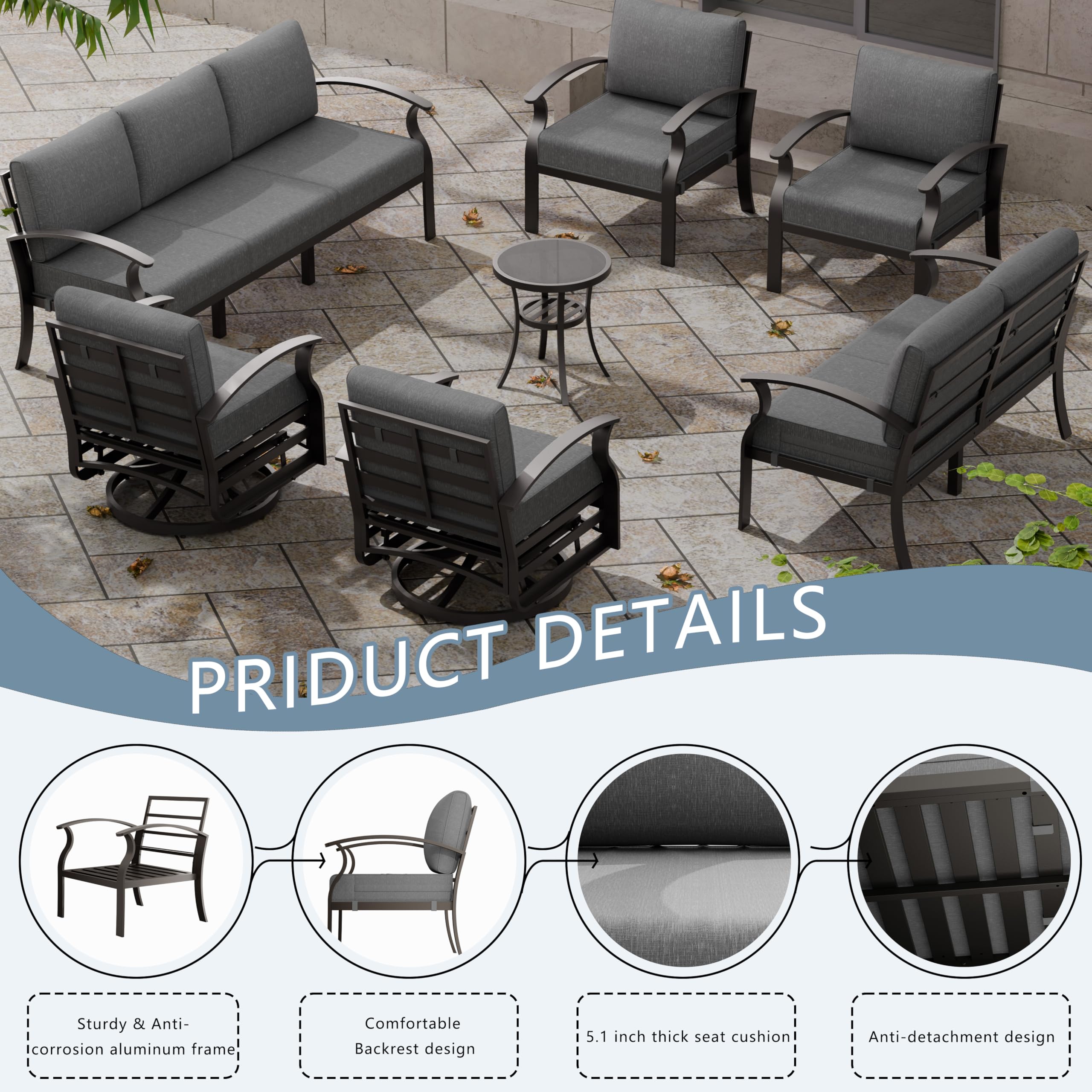 RTDTD Aluminum Patio Furniture Set, 9 Seats Outdoor Patio Conversation Set with Swivel Chair Modern Metal Patio Sectional Sofa with Upgrade Cushions for Patio, Backyard Grey