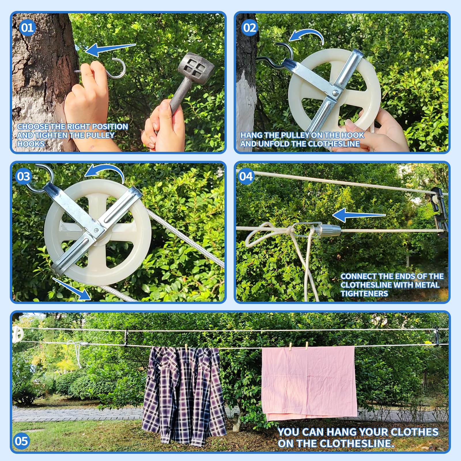 Clothes Line Outdoors, Clothes Line Pulley Kit Include 164ft Polyester Clothes Line Ropes, Clothesline Pulley, Clothesline S-Separators, Clothesline Tightener and Clothespins