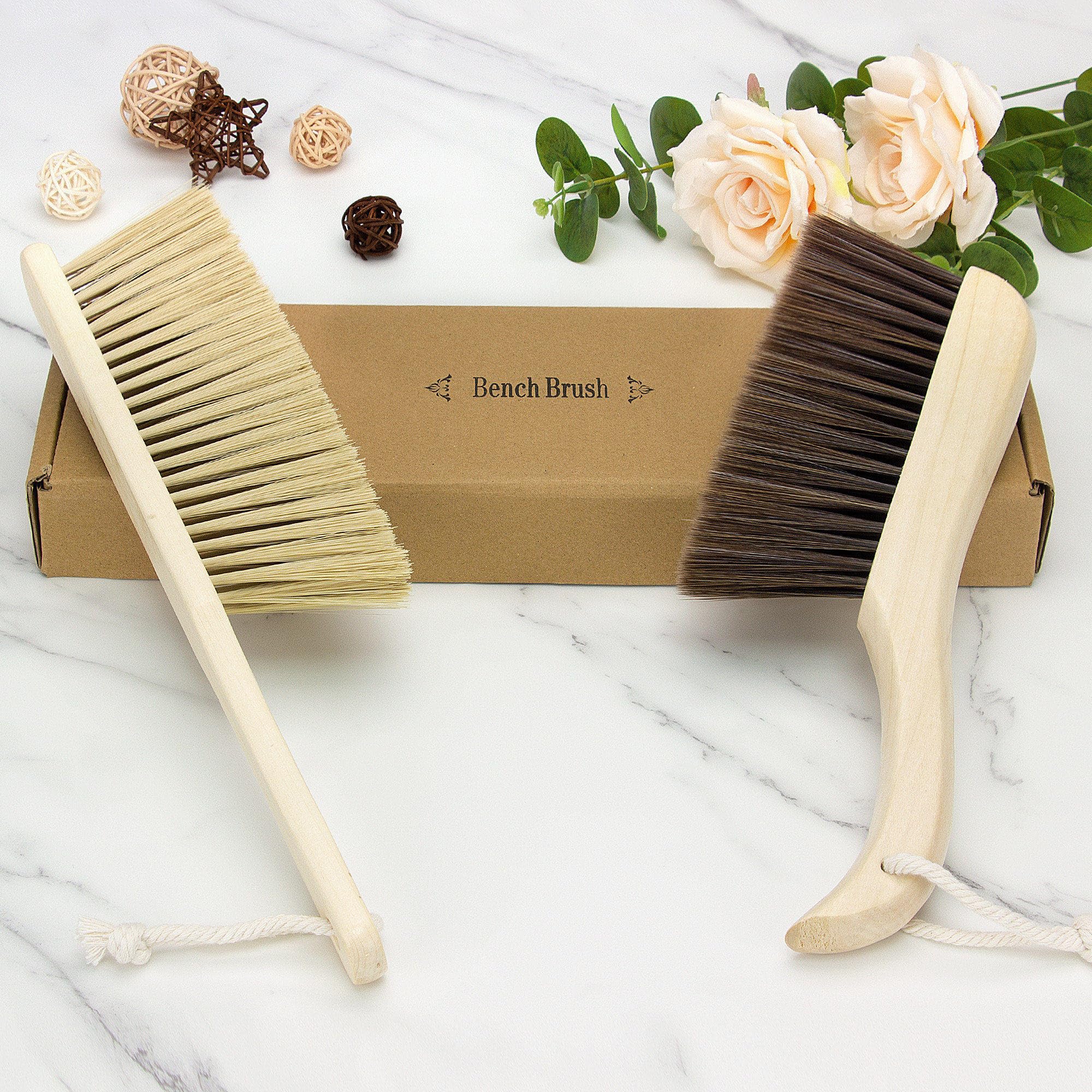 ABuYanOIn 2-Pack Cleaning Brush Set, Wooden Handheld Dusting Brushes with Soft Bristles for Car, Bed, Countertop & Furniture (Crank, Brown & Straight Handle, Khaki)