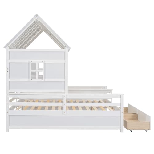 BOVZA Double Beds for 2 Kids, Twin Size House Platform Beds with Two Storage Drawers, Roof and Windows, Boy and Girl Shared Beds, Combination of 2 Side by Side Twin Size Beds, White