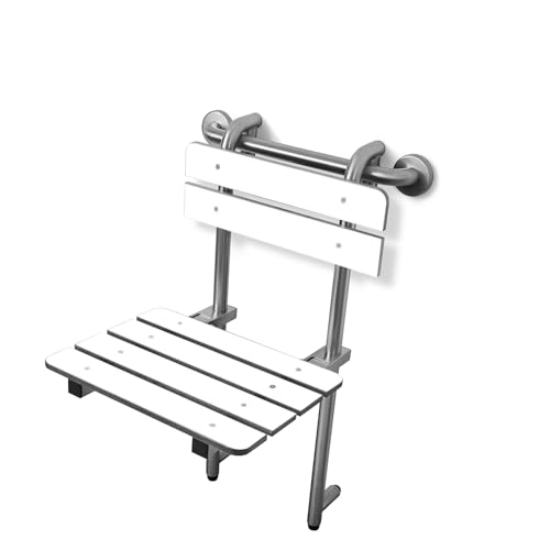 Portable Hanging Profile Bench Shower Seat with 18-inch Grab Bar, Grab Bar Supported, Stainless Steel, White