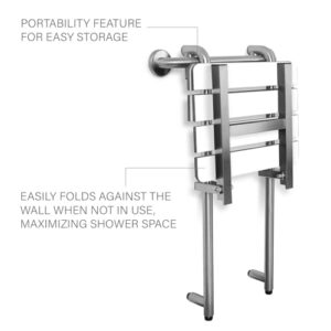 Portable Hanging Profile Bench Shower Seat with 18-inch Grab Bar, Grab Bar Supported, Stainless Steel, White