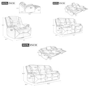 ERYE Home Theater and Living Room Recliner Sofa Couch for 3, Manual Reclining Sofa&Couch with LED Light Strip, 2 Cup Holders and DropDown Table for Home,Apartment,House