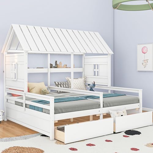 BOVZA Double Beds for 2 Kids, Twin Size House Platform Beds with Two Storage Drawers, Roof and Windows, Boy and Girl Shared Beds, Combination of 2 Side by Side Twin Size Beds, White