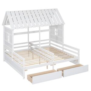 BOVZA Double Beds for 2 Kids, Twin Size House Platform Beds with Two Storage Drawers, Roof and Windows, Boy and Girl Shared Beds, Combination of 2 Side by Side Twin Size Beds, White