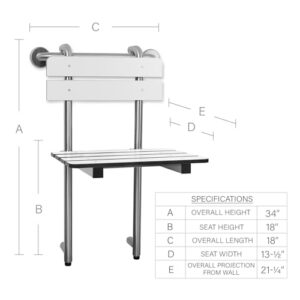 Portable Hanging Profile Bench Shower Seat with 18-inch Grab Bar, Grab Bar Supported, Stainless Steel, White