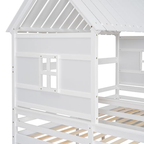 BOVZA Double Beds for 2 Kids, Twin Size House Platform Beds with Two Storage Drawers, Roof and Windows, Boy and Girl Shared Beds, Combination of 2 Side by Side Twin Size Beds, White