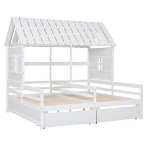 BOVZA Double Beds for 2 Kids, Twin Size House Platform Beds with Two Storage Drawers, Roof and Windows, Boy and Girl Shared Beds, Combination of 2 Side by Side Twin Size Beds, White