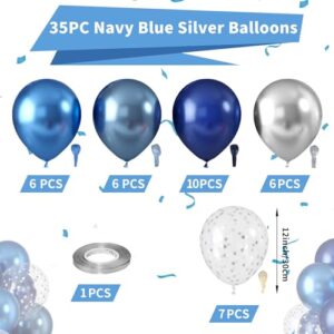 Blue Silver Balloons, Pearl Navy Blue Balloons Metallic light Blue and Silver Balloons Silver Star Confetti Balloons for Boys Girls Birthday Graduations Baby Shower Wedding Engagement Decorations