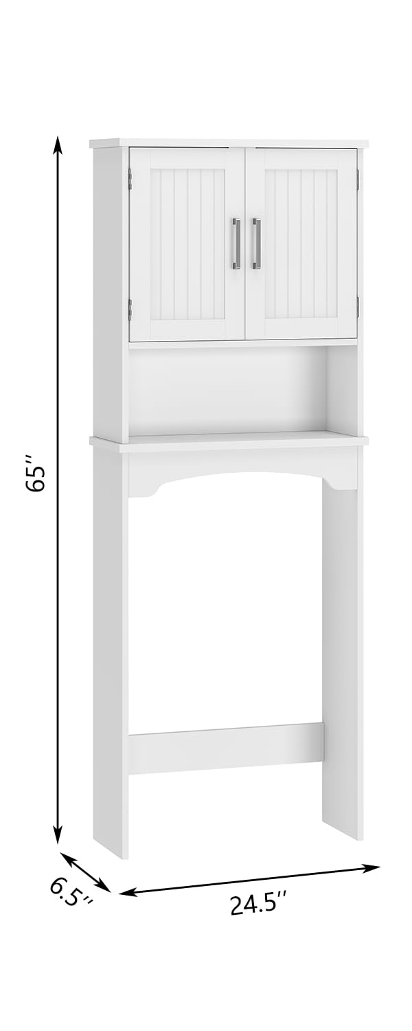 GarveeHome Over The Toilet Storage Cabinet, Double Door Bathroom Storage Organizer with Anti-Tip Device, Small Freestanding Space Saver with Open Shelf，White