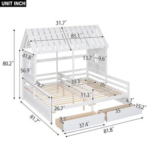 BOVZA Double Beds for 2 Kids, Twin Size House Platform Beds with Two Storage Drawers, Roof and Windows, Boy and Girl Shared Beds, Combination of 2 Side by Side Twin Size Beds, White