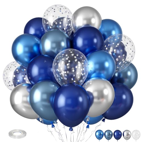 Blue Silver Balloons, Pearl Navy Blue Balloons Metallic light Blue and Silver Balloons Silver Star Confetti Balloons for Boys Girls Birthday Graduations Baby Shower Wedding Engagement Decorations