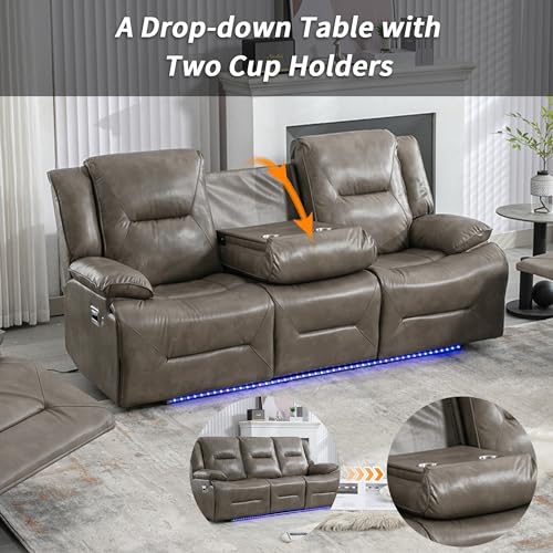 ERYE Home Theater and Living Room Recliner Sofa Couch for 3, Manual Reclining Sofa&Couch with LED Light Strip, 2 Cup Holders and DropDown Table for Home,Apartment,House