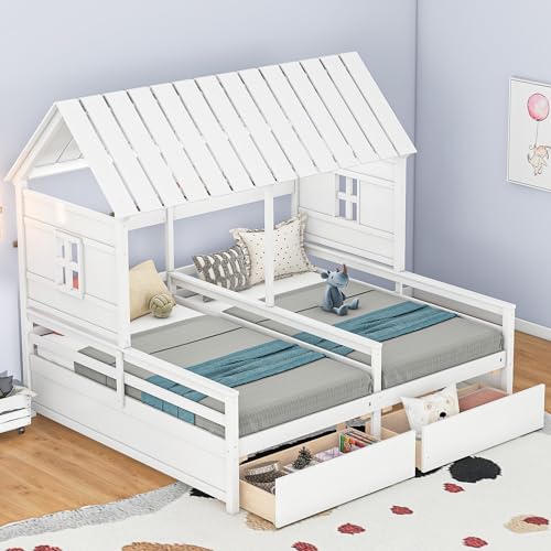 BOVZA Double Beds for 2 Kids, Twin Size House Platform Beds with Two Storage Drawers, Roof and Windows, Boy and Girl Shared Beds, Combination of 2 Side by Side Twin Size Beds, White