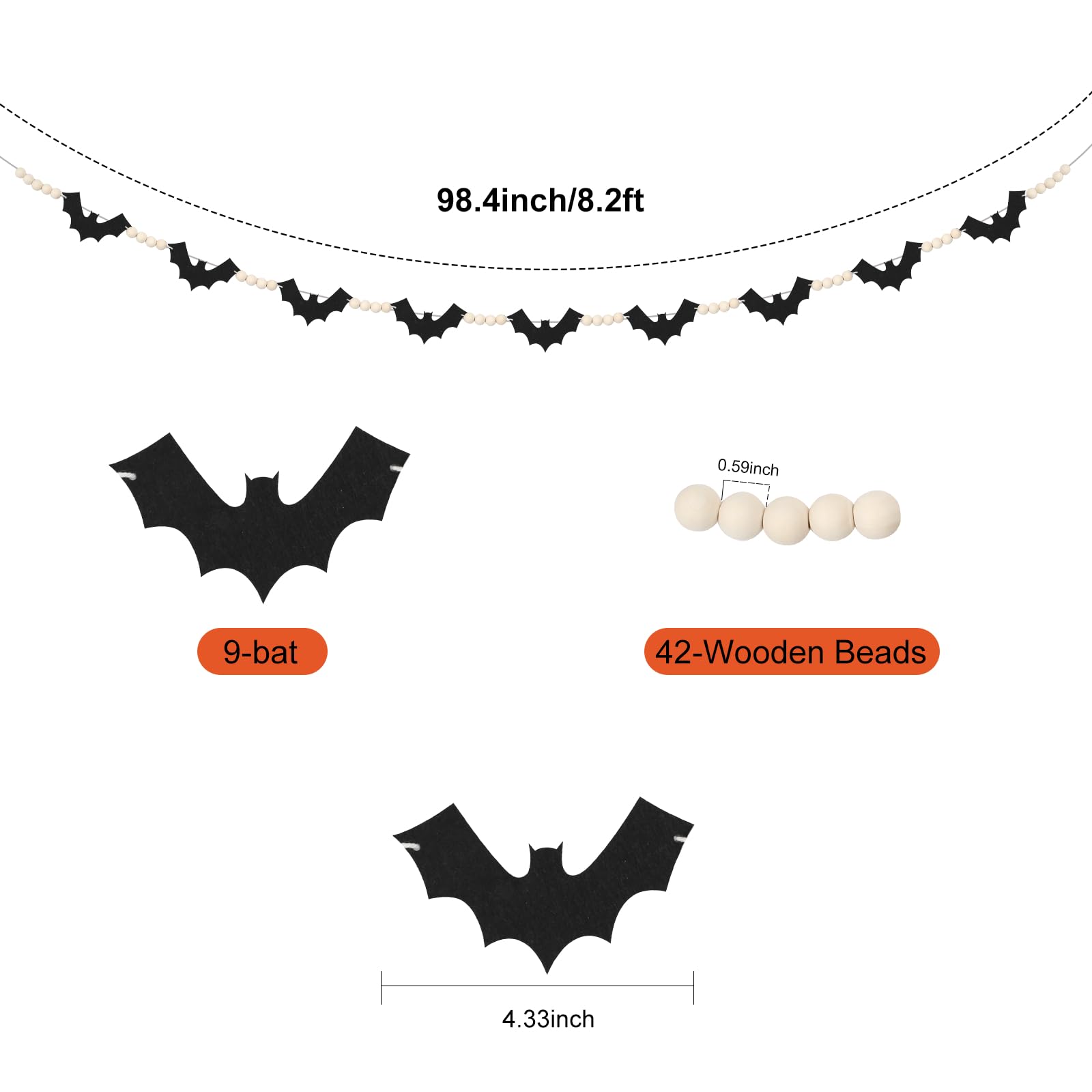 Halloween Decorations Garland, Felt Bats Halloween Decor Banner with Wood Beads for Fireplace Mantel Walls Home Indoor