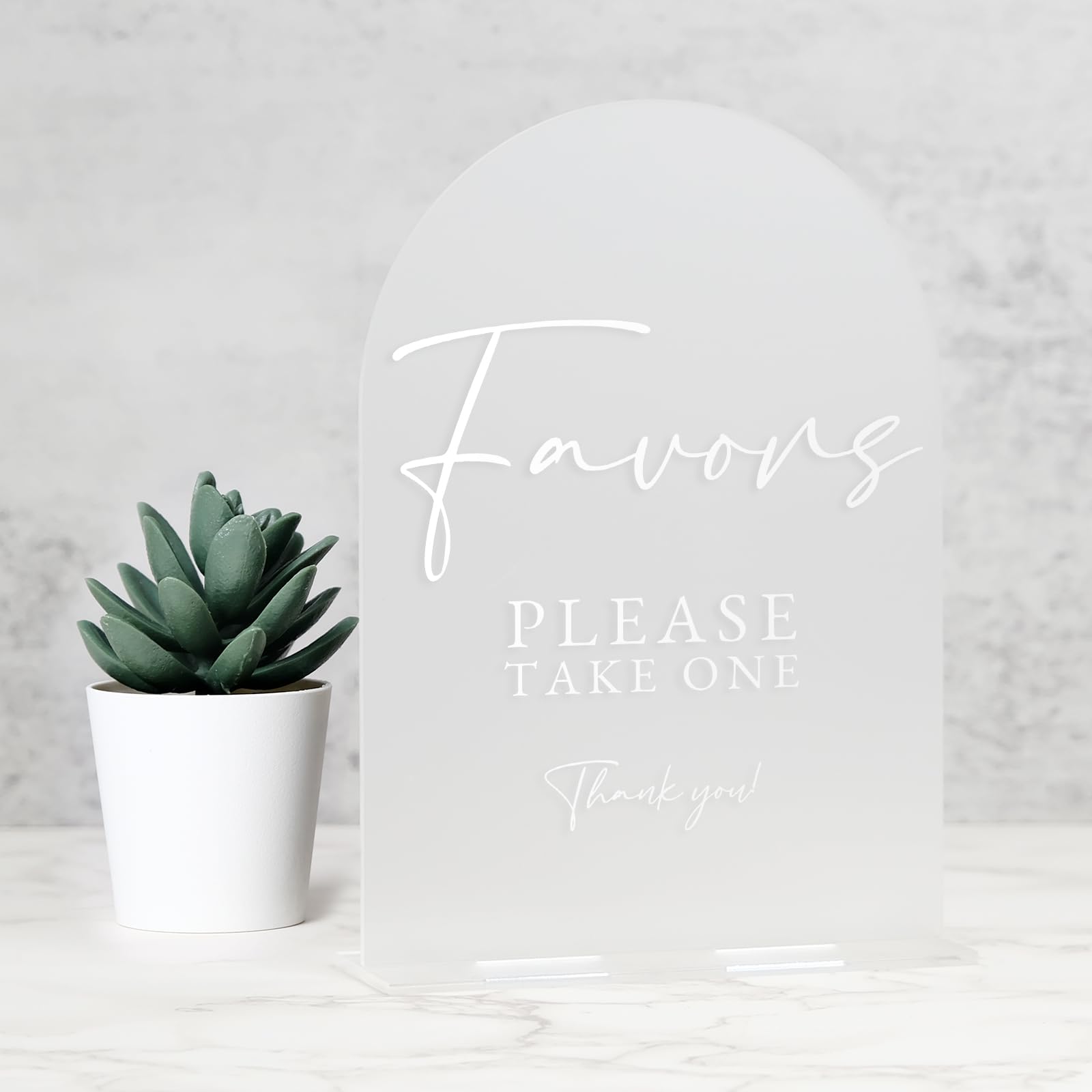 Frosted Arch Acrylic Favors Sign- 5"x7" Frosted Acrylic Wedding Sign and Base,1/8" Thick | Modern Calligraphy White Lettering Arch Acrylic Favors Sign for Wedding & Party