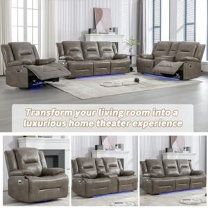 ERYE Home Theater and Living Room Recliner Sofa Couch for 3, Manual Reclining Sofa&Couch with LED Light Strip, 2 Cup Holders and DropDown Table for Home,Apartment,House