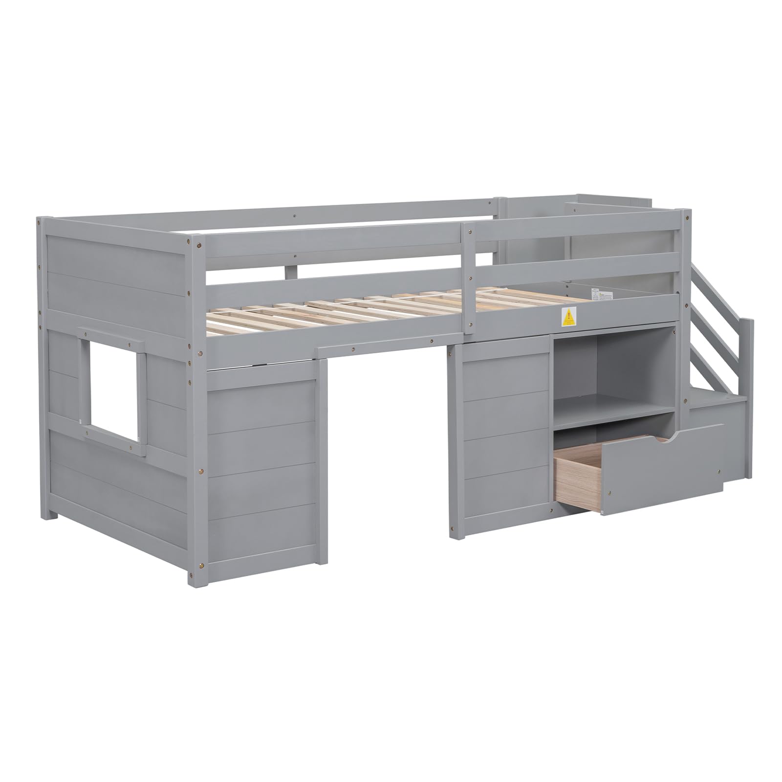 AVGVLIJ Twin Size Low Loft Bed with Storage, Modern Farmhouse Style Wood Bed for Kids, Includes Game House, Drawers, Bookshelf Staircase (Grey, Twin)